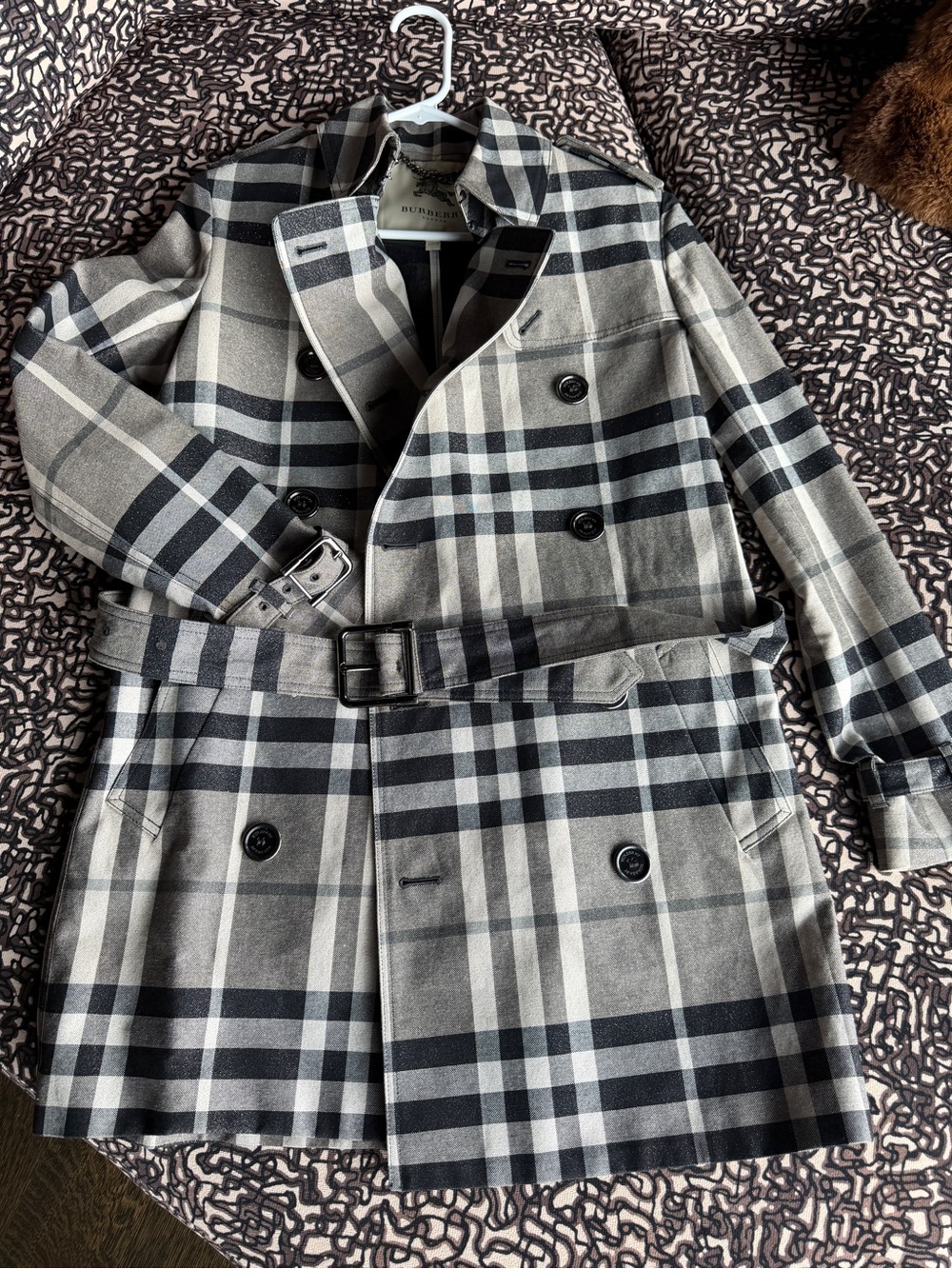 Burberry London Metallic Sparkle Check Trench Coat Gray US 6